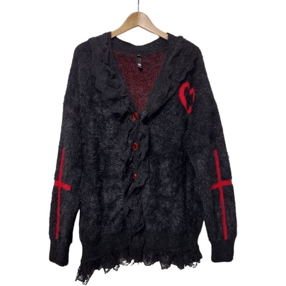 Goth Black Oversized Eyelash Knit Lace Edge Cardigan with Red Hollow Heart - Picture 2 of 8